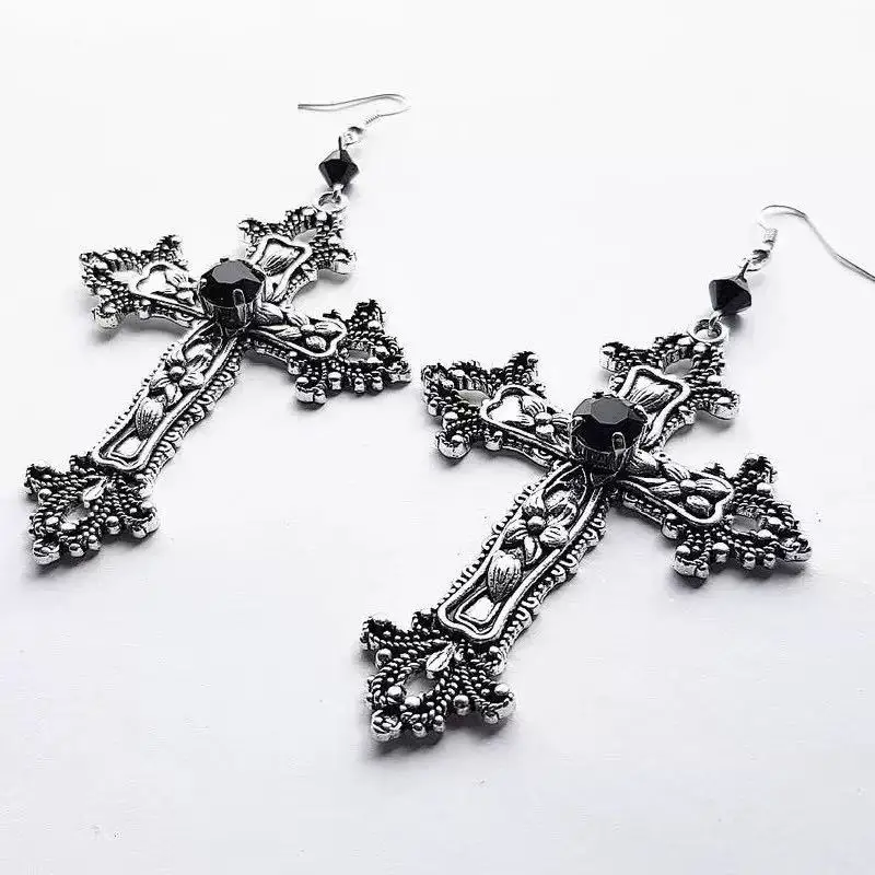 Punk Dazzle Goth detail Crucifix Black Zircon Jewelry Earrings Silver jewelry stylish gorgeous women's classic gift