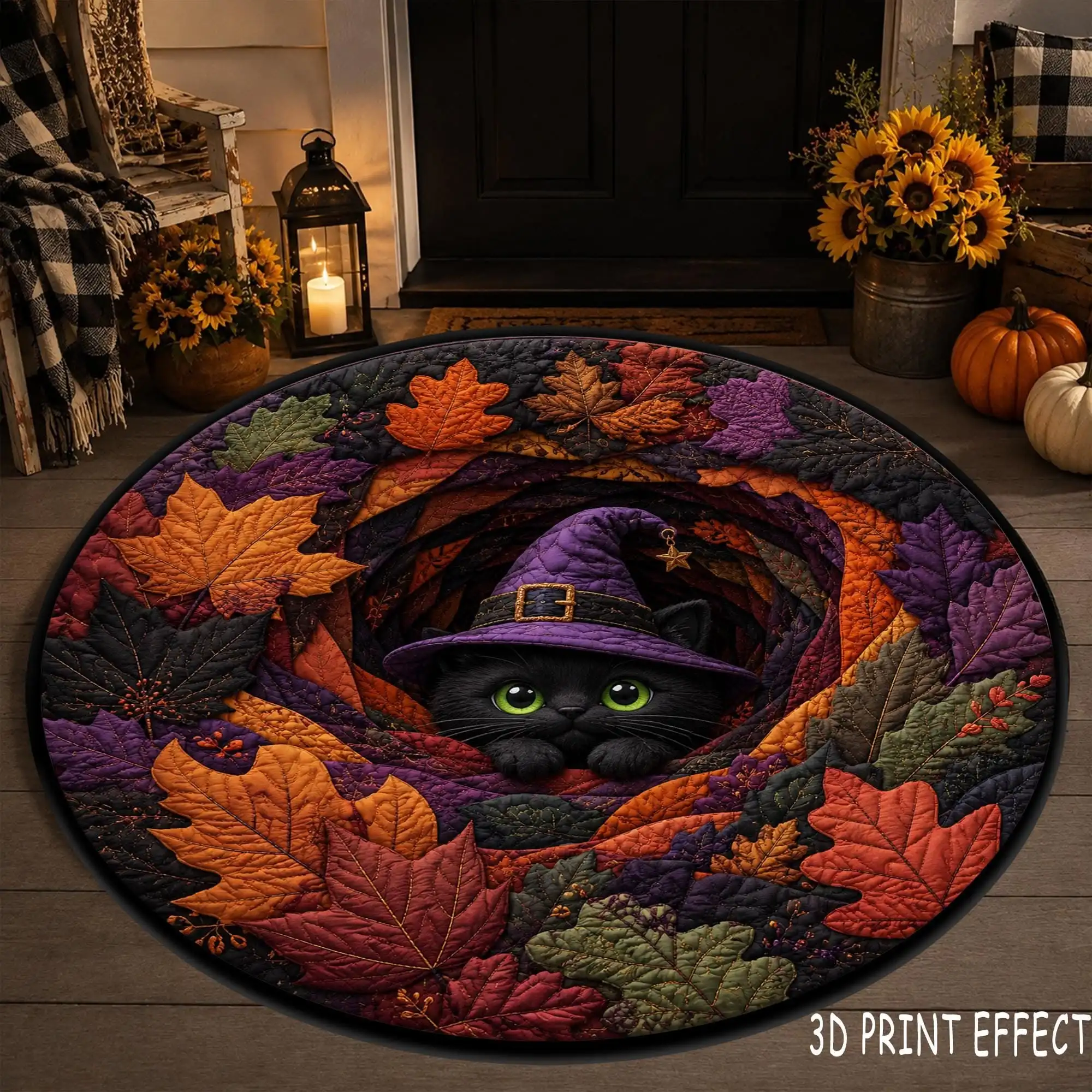 Halloween Round Rug with Black Cat Swirl Checkerboard, Decorative for Living Room Entryway 80x80cm