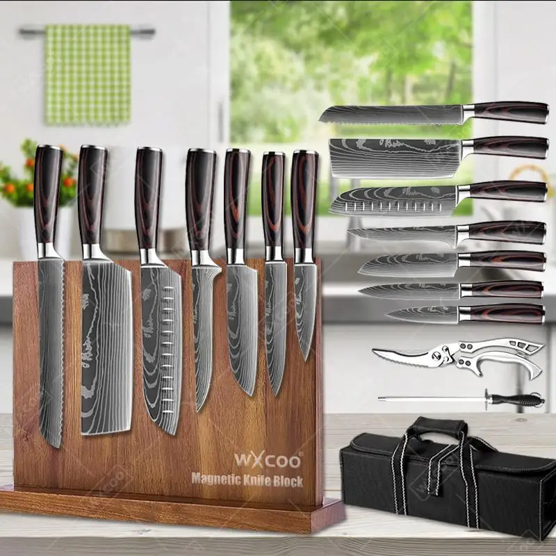 

Damascus Steel Kitchen Knives with Long Magnetic Knife Block VG10 Steel Fish Boning Knife Meat Cleaver Fruit Utility Cutter