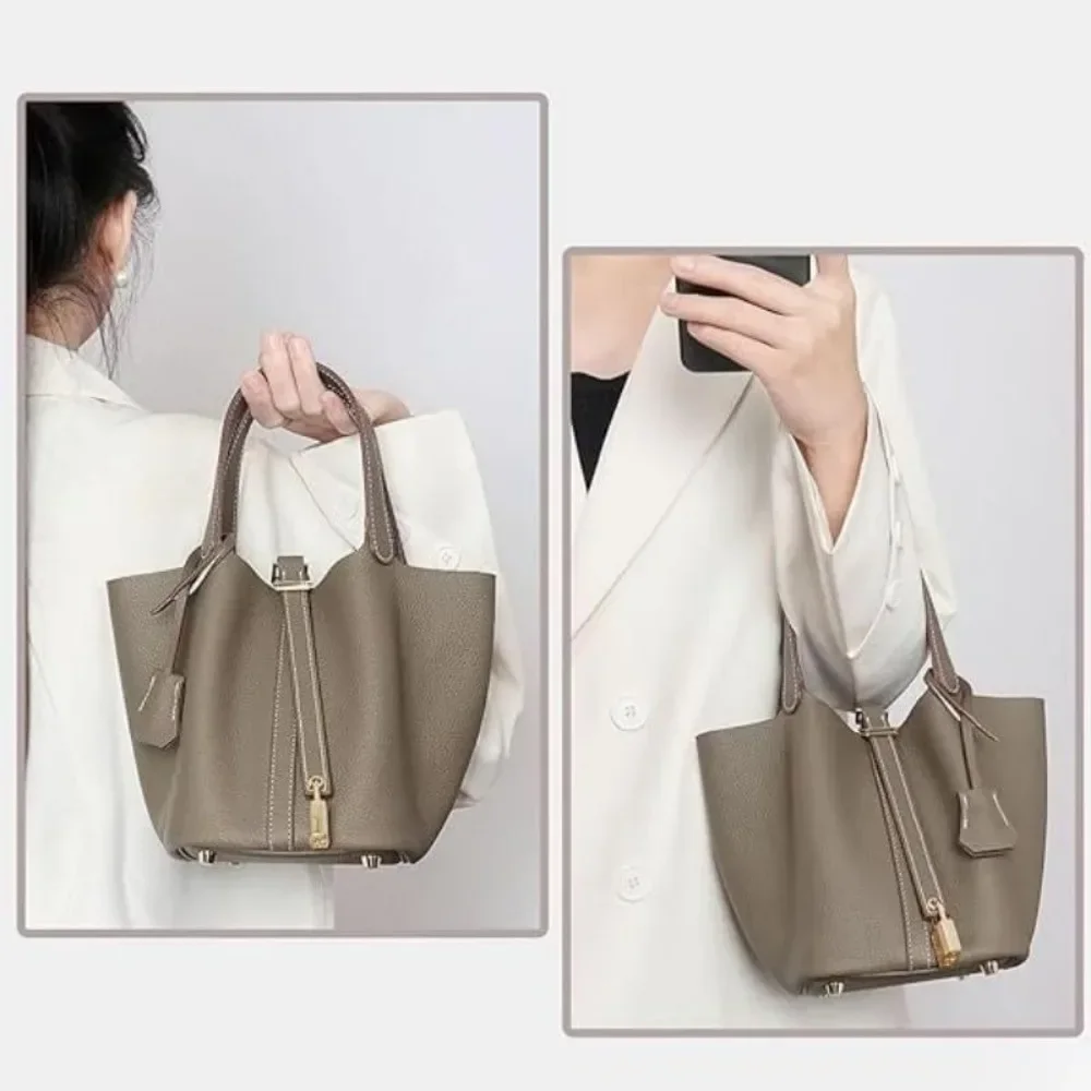 Ladies Handbag Female Bucket Bag Basket Shoulder Bag Travel BagLeather Bucket BagLarge Soft Leather Tote with Lock Daily