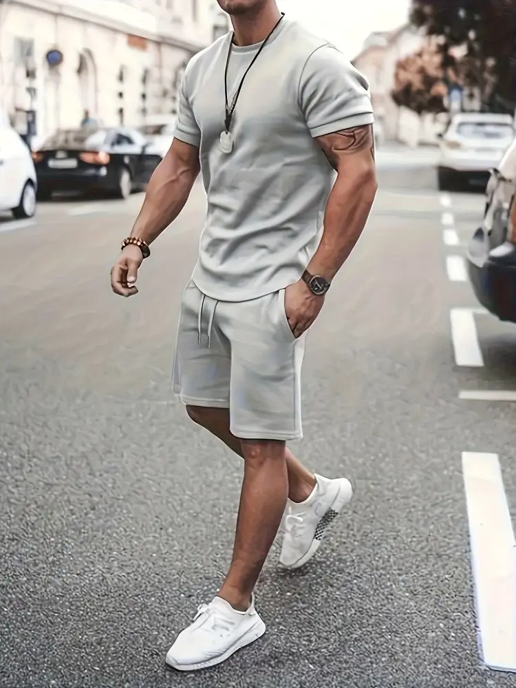 Solid color men\'s T-shirt suit men\'s street simple T-shirt summer casual shirt suit short two-piece set comfortable and breathab