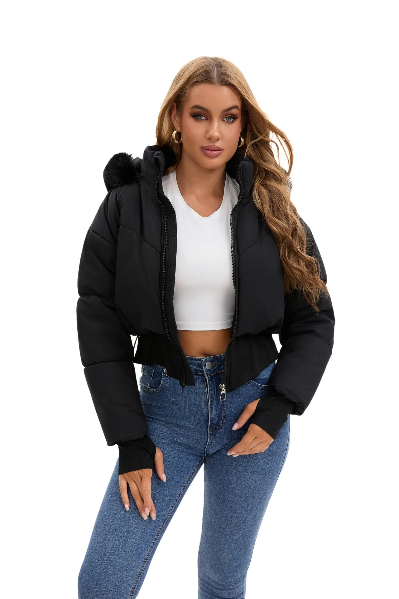 

Women Puffer Jacket Winter Fashion Fur Collar Hooded Thick Warm Cotton Jacket Lady Casual Cinched Waist Crop Down Coat Parka