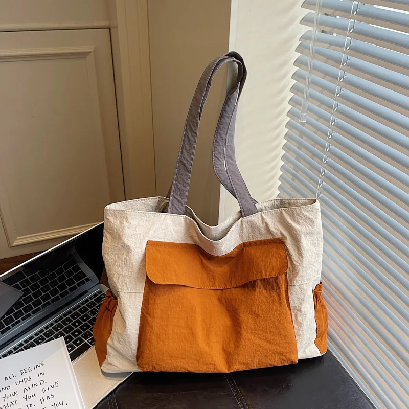 

Легкие нейлоновые сумки-тоуты большой вместимости, модные и универсальные сумки через плечо в стиле колор-блок, повседневные сумки для студентов и для поездок на работу.