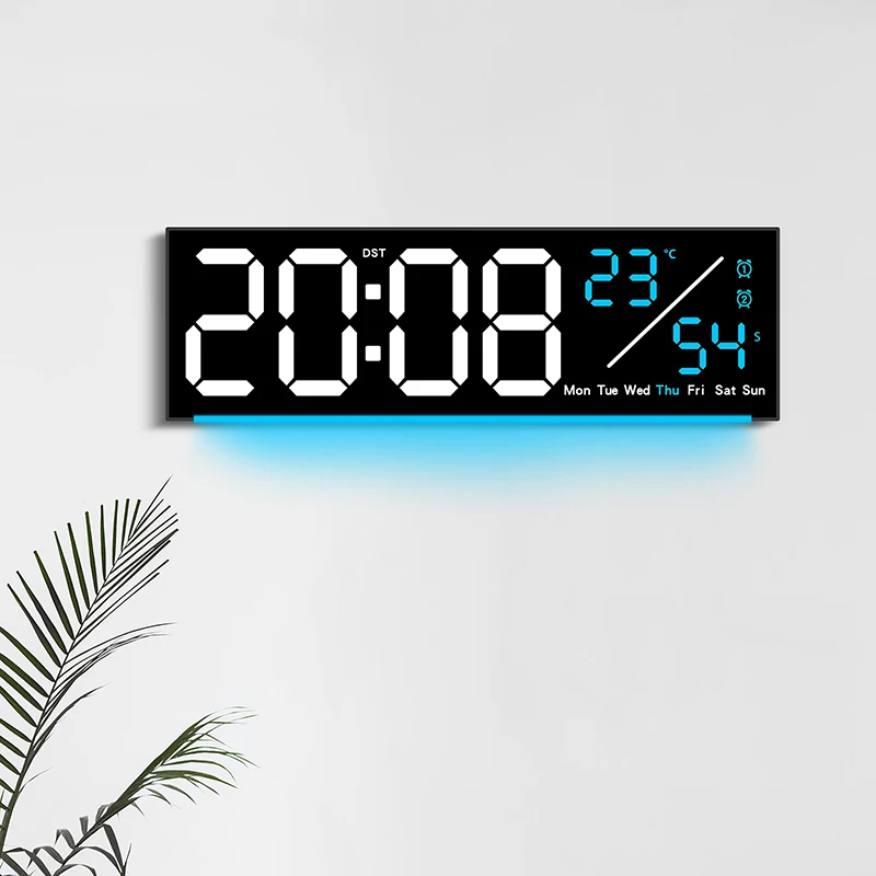 Digital Wall Clock with 9 Colors Mood Light Remote Control TEMP Date Week 2 Alarm 10 Levels Brightness 12/24H DST Table Clock