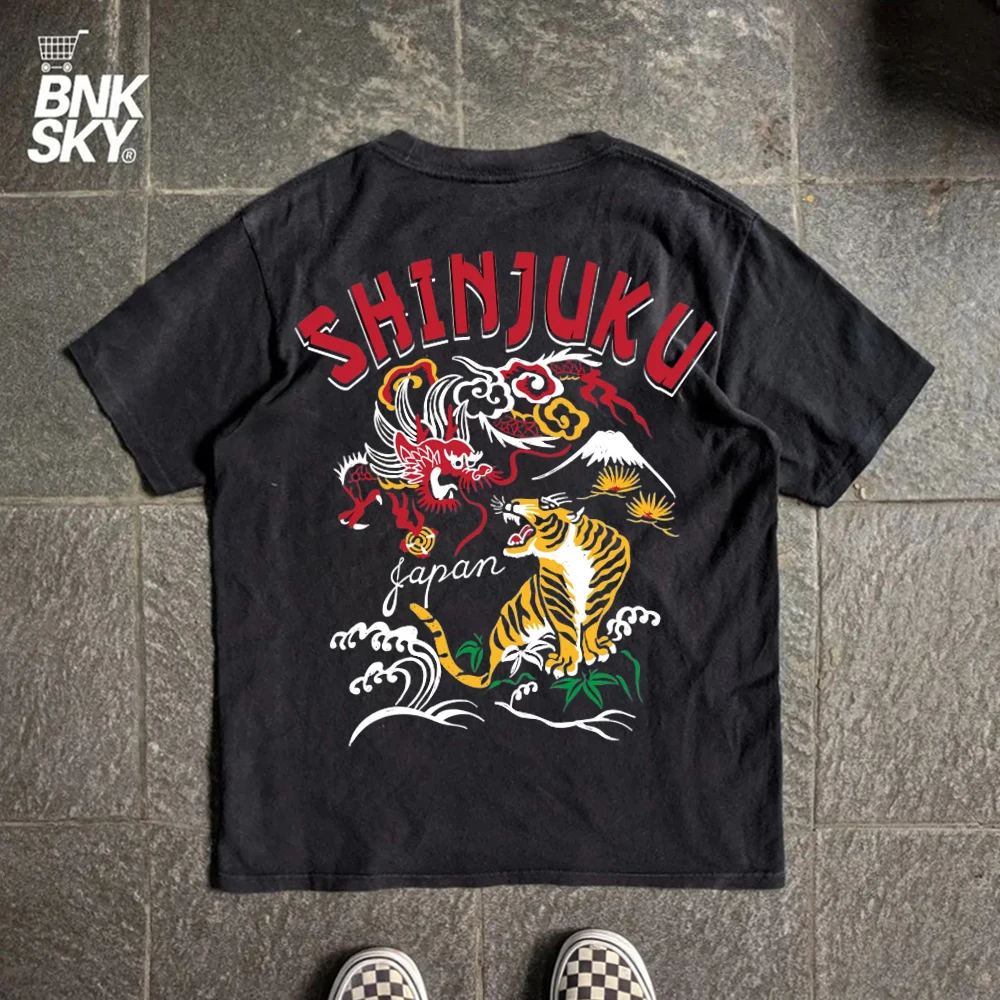 Wang Youbing Studio Dragon And Tiger Pattern Summer Short Sleeve T-Shirt Japanese Subculture Shinjuku Theme Cotton Casual Top