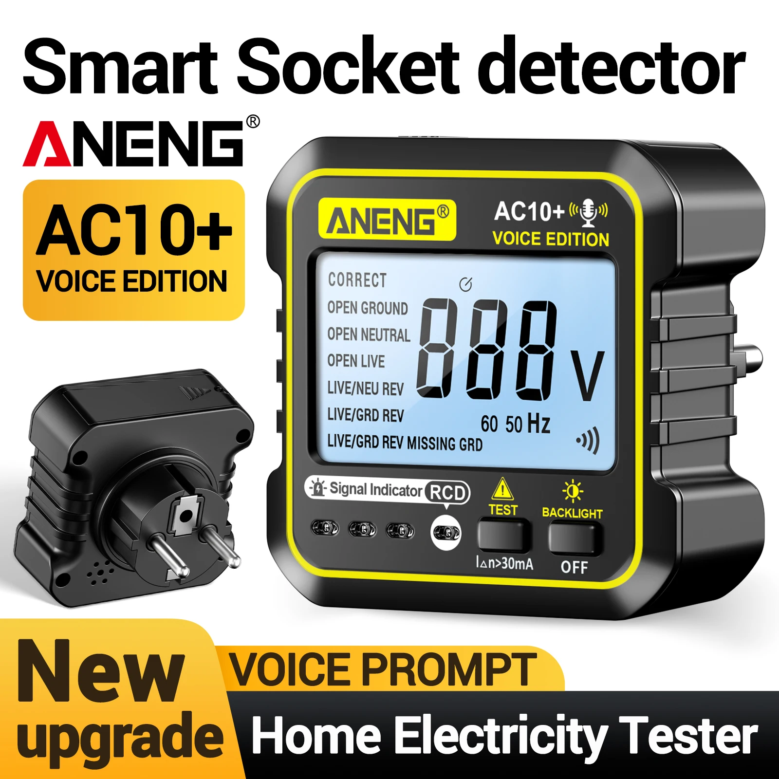 ANENG AC10+ Voice Edition Socket Tester 90-250V LCD Display US/EU Plug Polarity Detector with RCD Test Backlight Voltage Checker