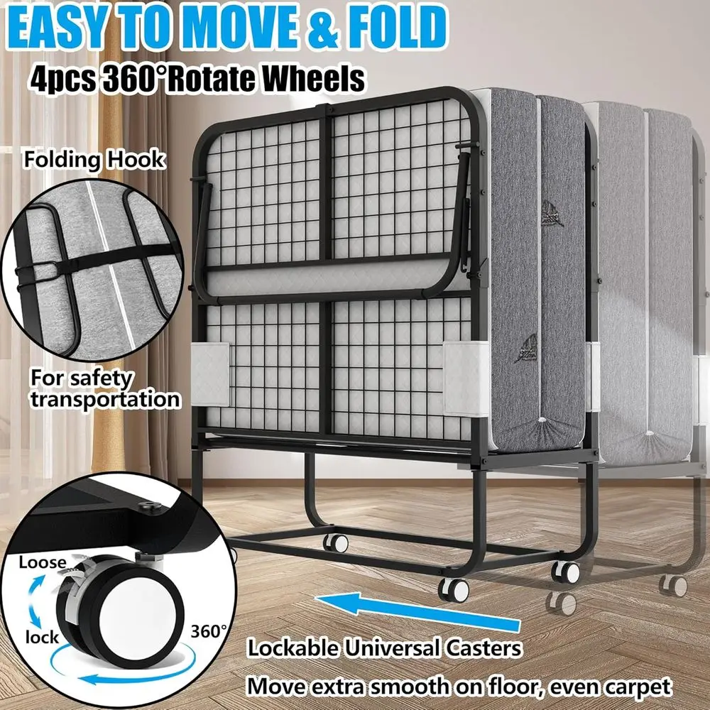 XL Twin Size Portable Folding Bed with 5 Memory Foam Mattress and Lockable Wheels view 5