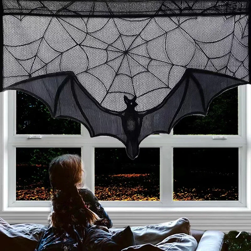 Halloween Black Lace Decoration Curtain Cobwebs Bats Pattern Short Curtain for Window Door Cabinet Horror House Props