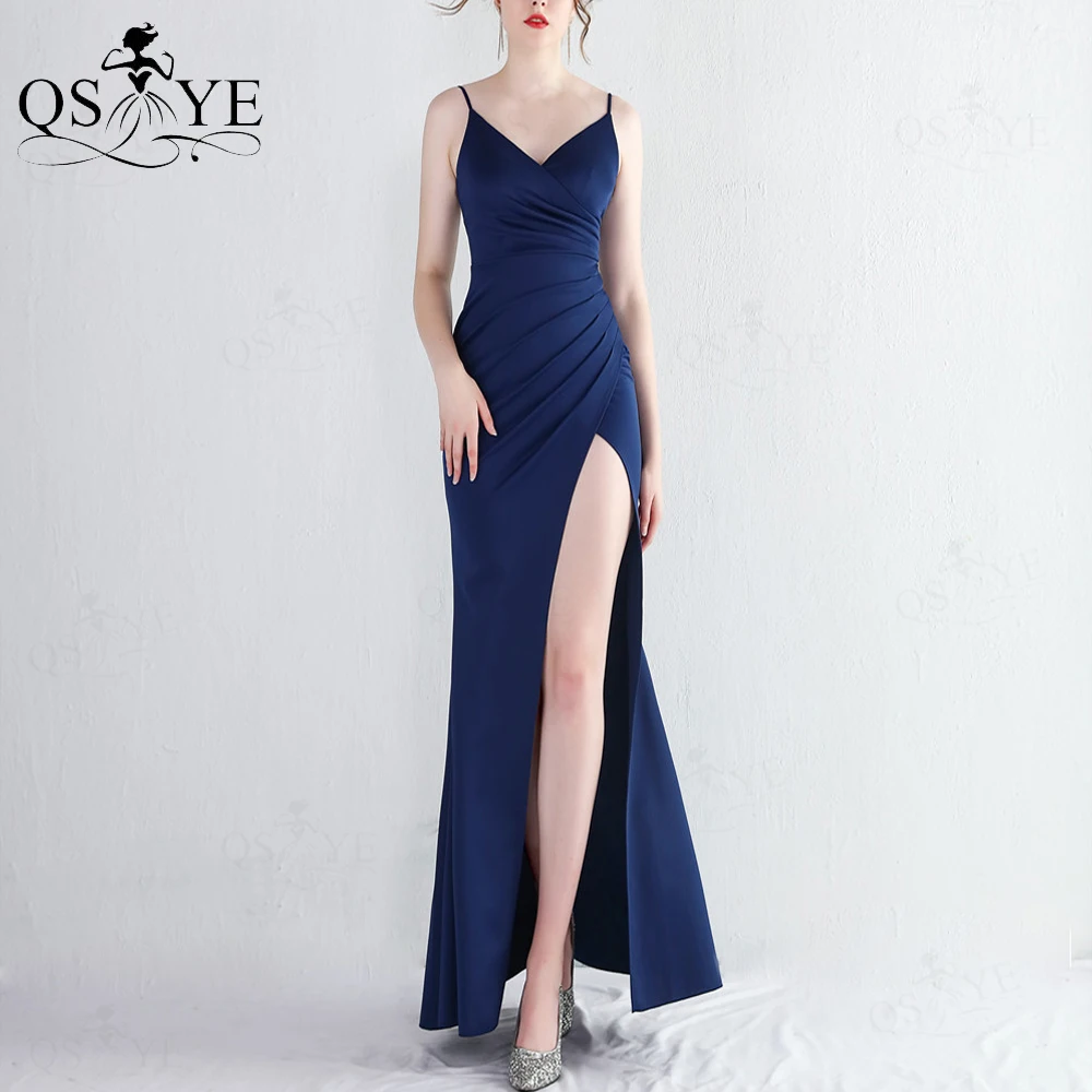 

Simple Navy Evening Dresses Stretchy Spaghetti Straps V neck Prom Gown Ruched Party Dress Sexy Split Plain Fit Formal Gown Chic