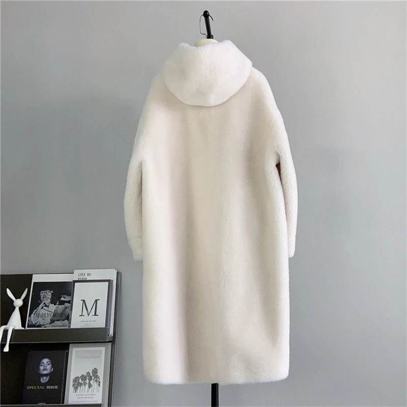 Casaco feminino de lã shearling ovelha, casaco longo com capuz, casaco quente, cabelo de cordeiro, PT431, outono e inverno, 2023