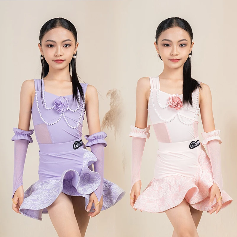 

Girls Latin Dance Performance Set Children's Summer Sleeveless Tops Fish Bone Large Swing Skirt Suit Stage Training Dress XH2589
