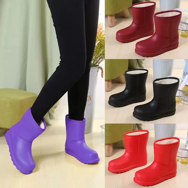 

Women's Winter Fleece Lined Short Snow Boots Waterproof Work Kitchen Shoes Comfortable Warm Rain Boots Fashionable EVA Material