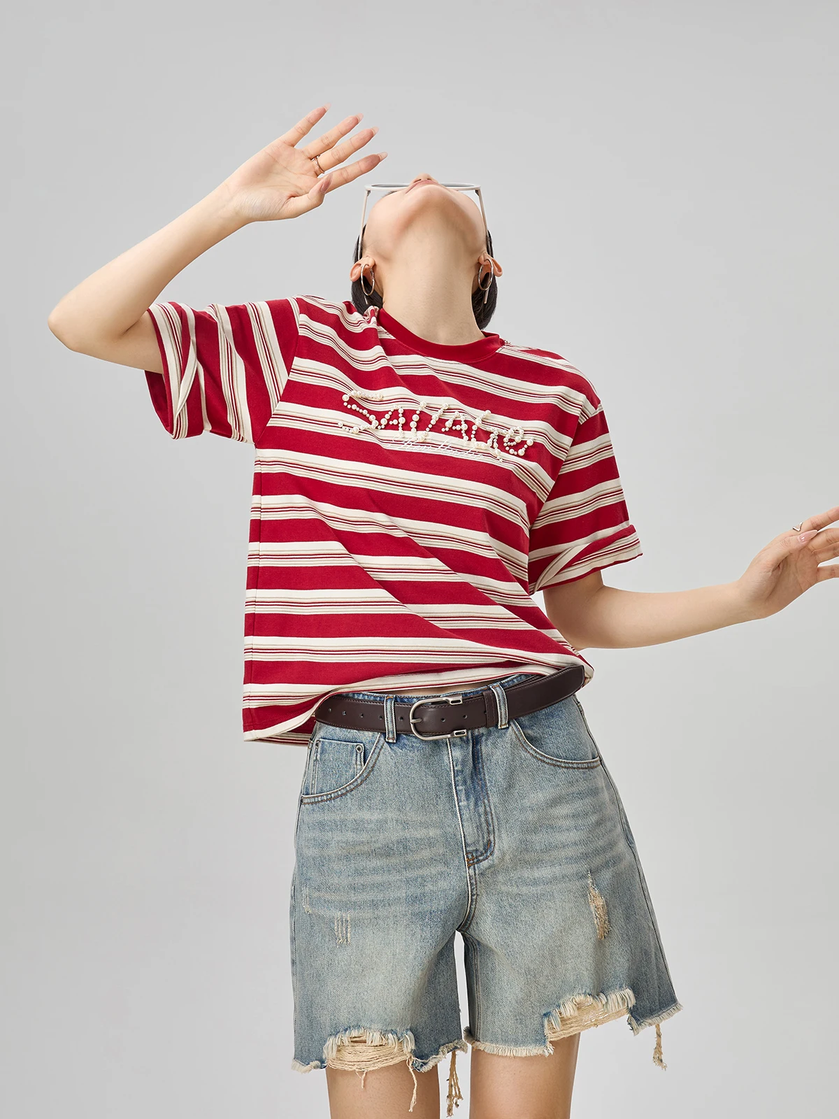 Red Stripe Beaded ort Sve T-irt Summer New Women's Unique Super Beautiful Single Wear Casual Loose Polyester Blend