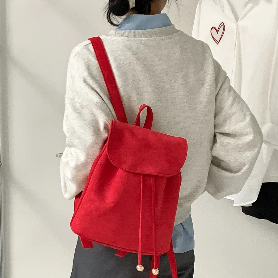 Girl Solid Color Retro Style Canvas Korean Casual Women Backpack Harajuku High School Students Washed Canvas Drawstring Backpack