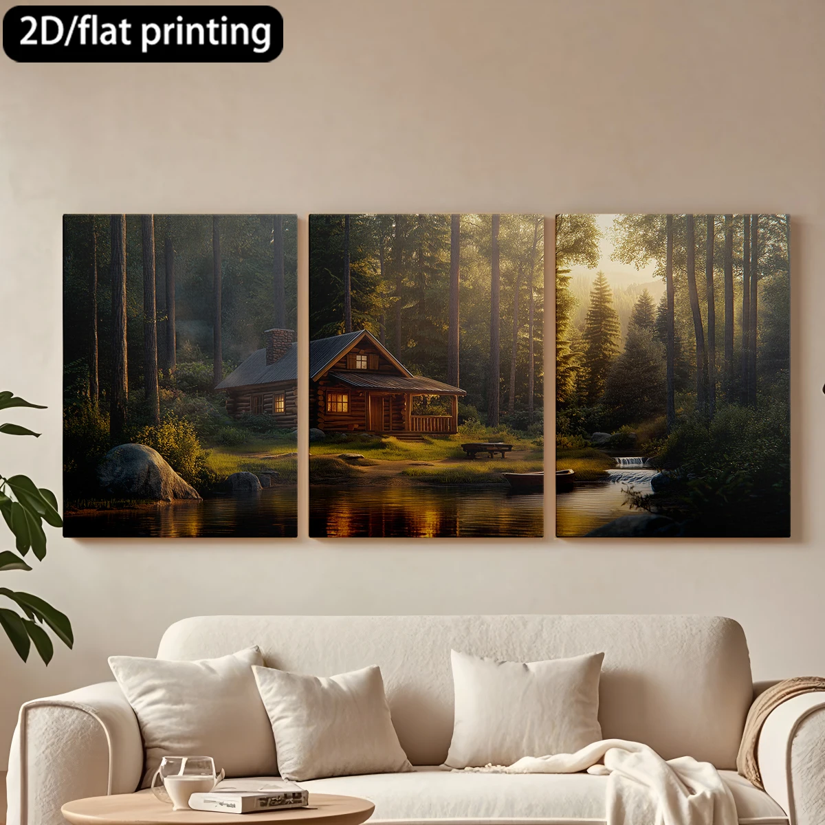 

3pc wooden frame canvas decorative paintingCozy cabin, lakeside, lush forest.Corridor bedroom decoration