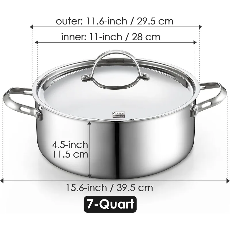 Clad Stainless Steel Stock Pot, 7-Quart Pasta Cooking Canning Dutch Oven Pot with Lid, Deep Stockpot In