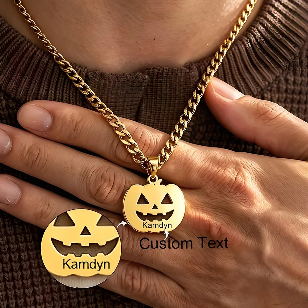 18K Gold Personalized Halloween Pumpkin Name Necklace Custom Engraved Text Pendant Thick Cuban Link Chain Jewelry For Men Daily