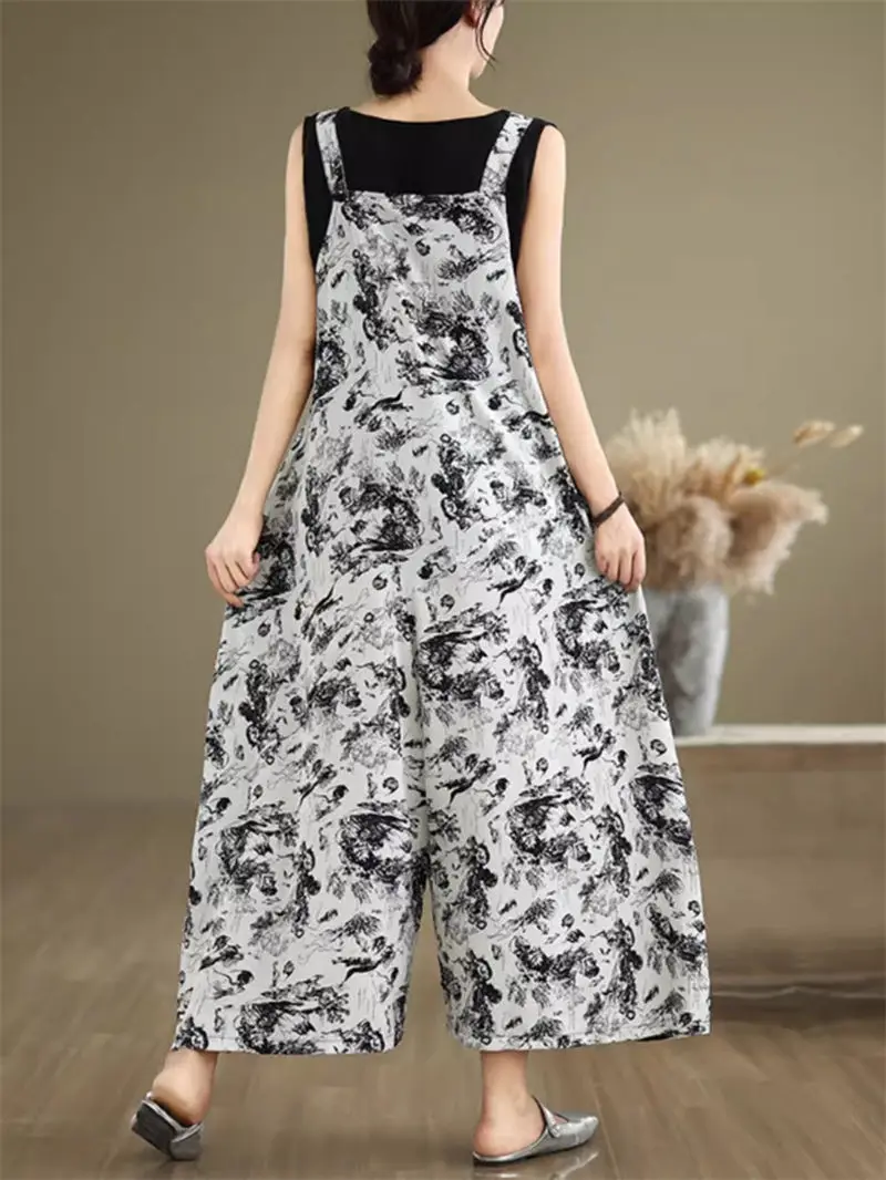 Ink Painting Jumpsuit Versatile Shoulder Strap Pants 2024 Summer Loose Oversized Chinese Style Wide Leg Trousers For Women K1674