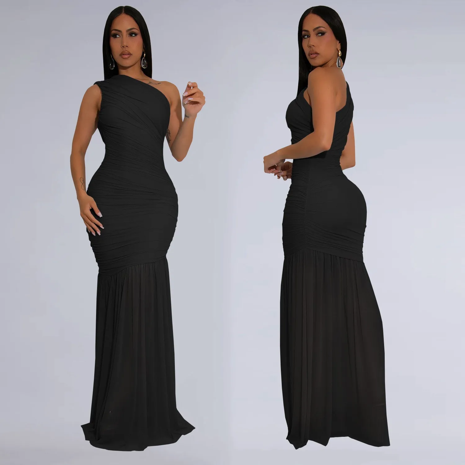 Wedding Guest Dress Evening Mesh Off Shoulder Dresses Sheer Chiffon Maxi Dress One Shoulder Ruched Bodice High Waist Elegant