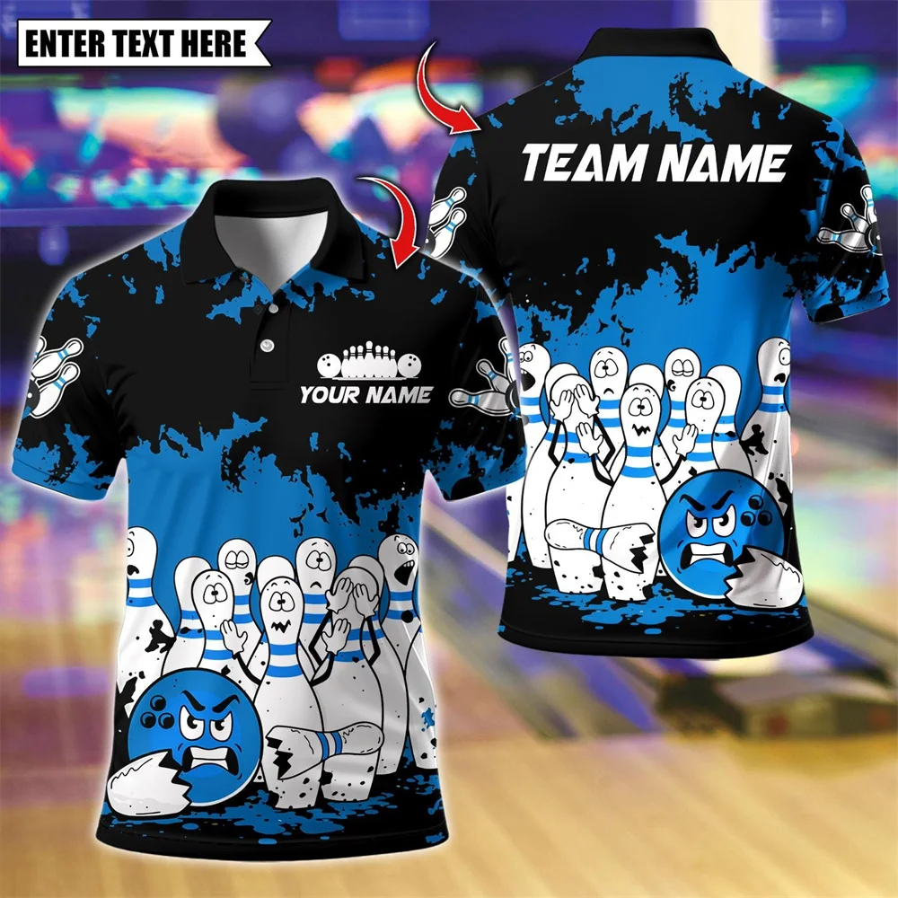 Personalized Men's Polo Shirt Short Sleeve 3D Bowling Ball Pins Print Custom Team Name USA Flag Summer Sports Team Uniform Tops