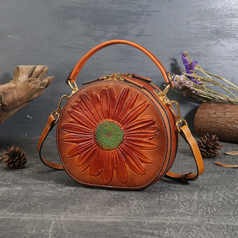 

Floral Embossed Handmade Cow Leather Round Handbag Adjustable Strap Dual Use Carry Style Unique Craft Crossbody Shoulder Bags