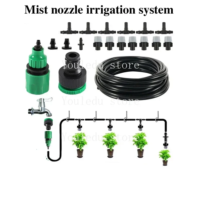 1 Set Fog Nozzle Irrigation System Portable Misting Automatic Watering 5-20m Garden Hose Spray Head with 4/7mm Tee and Connector