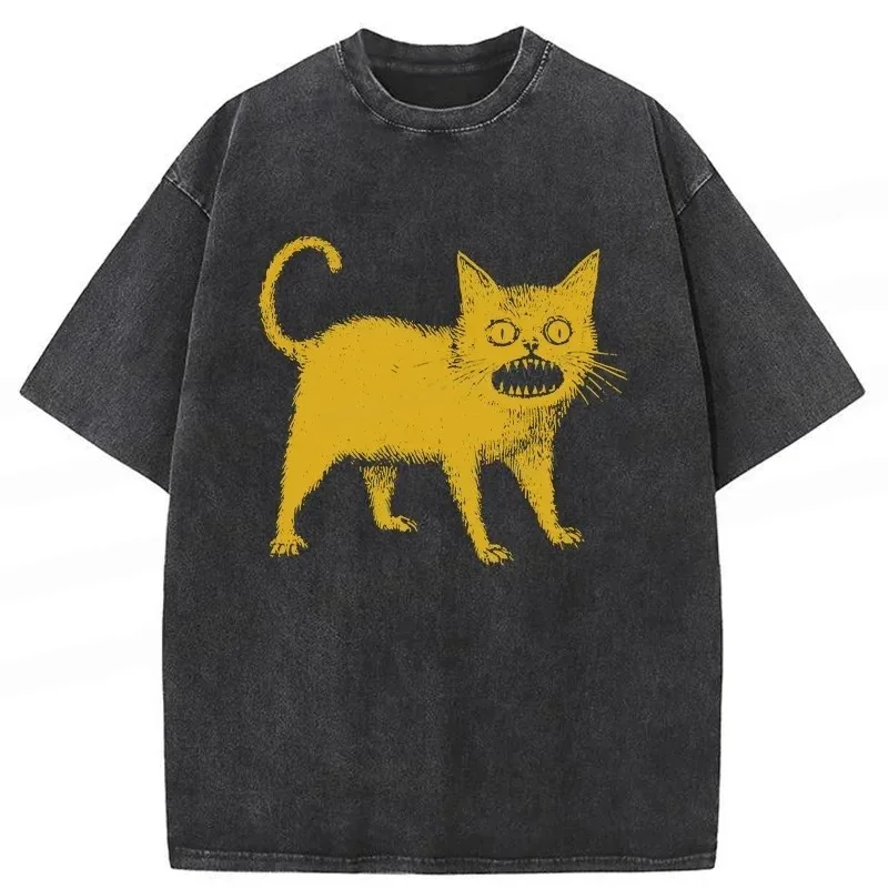 

2025 Funny Printed Casual Cotton Washed T-Shirt Cat Printing Unisex Harajuku Tops Summer Short Sleeve Holiday Street Men Clothes