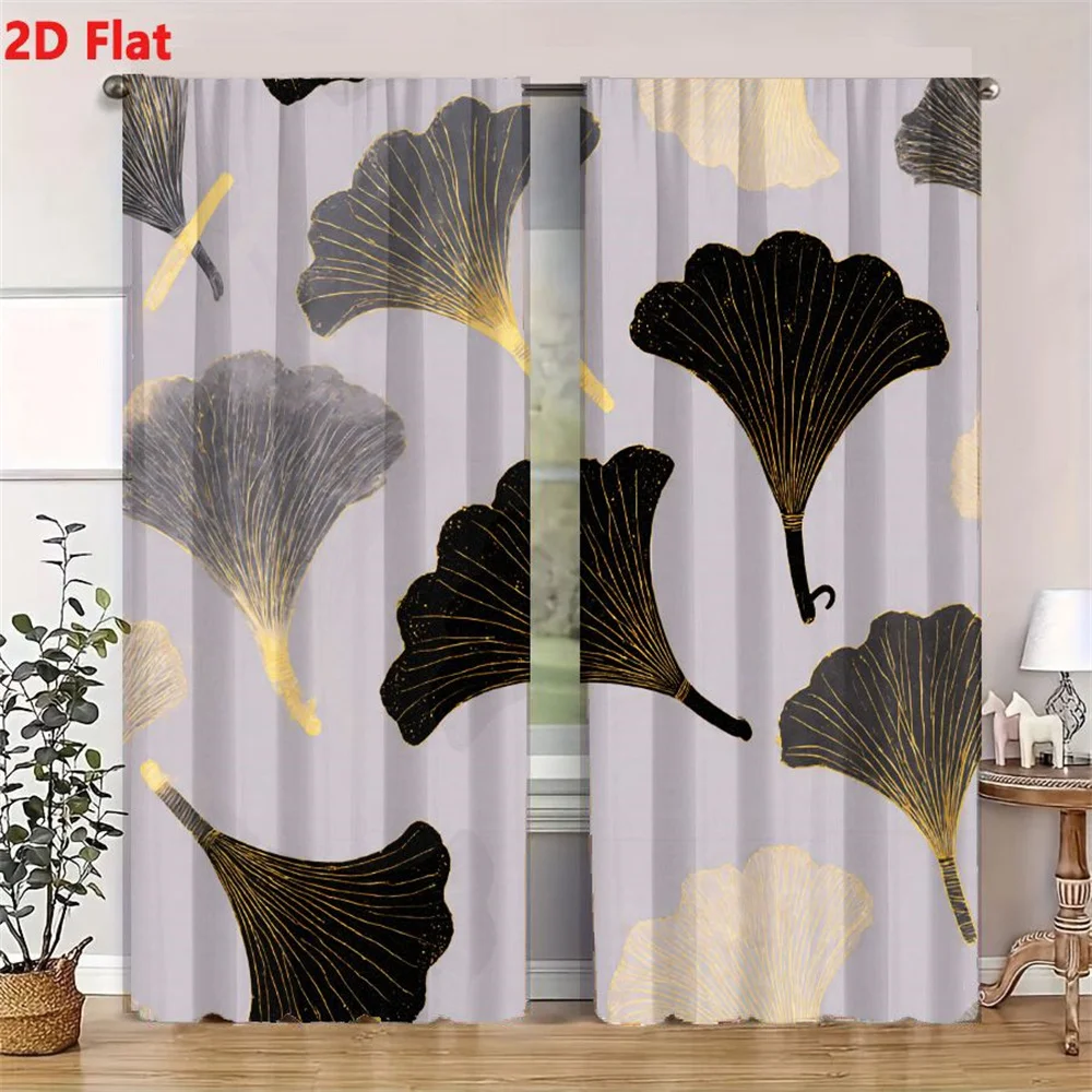 2Pcs Curtains 2D Flat Seamless Pattern Ginkgo Leaves On Light Gray Pale Lavender Background With Black Gray White Leaves Gold Ve 4