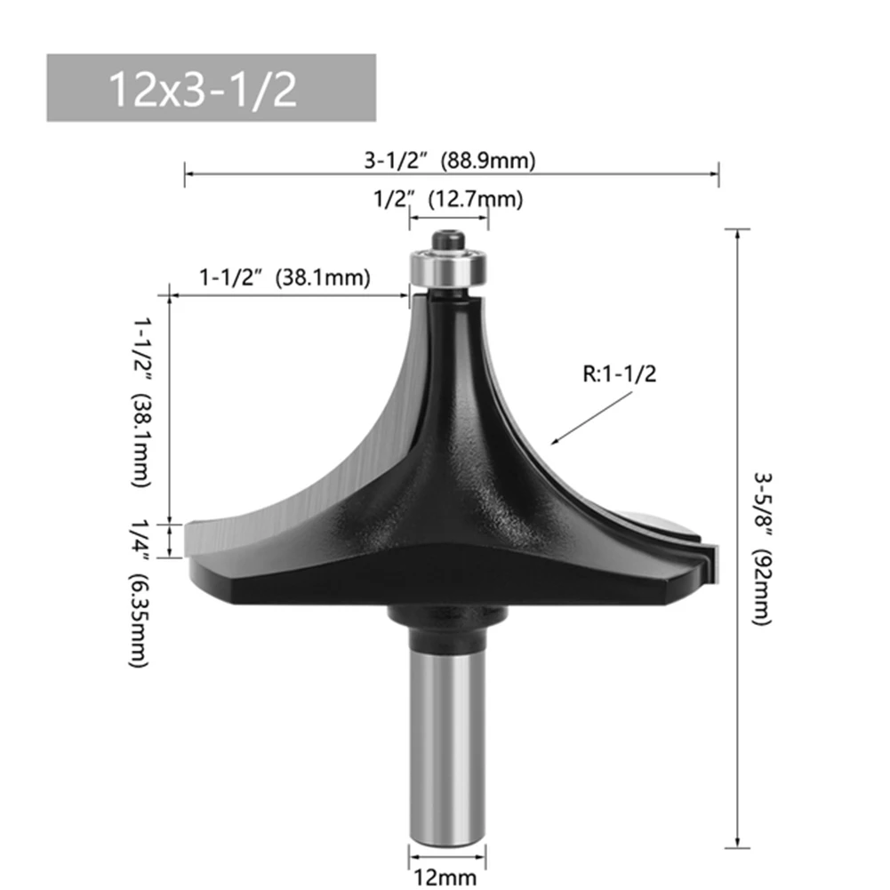 

Power Tools Router Bit 1/2 Handle 12mm Shank Big Corner Round Black For Edging Silver Woodworking High Quality