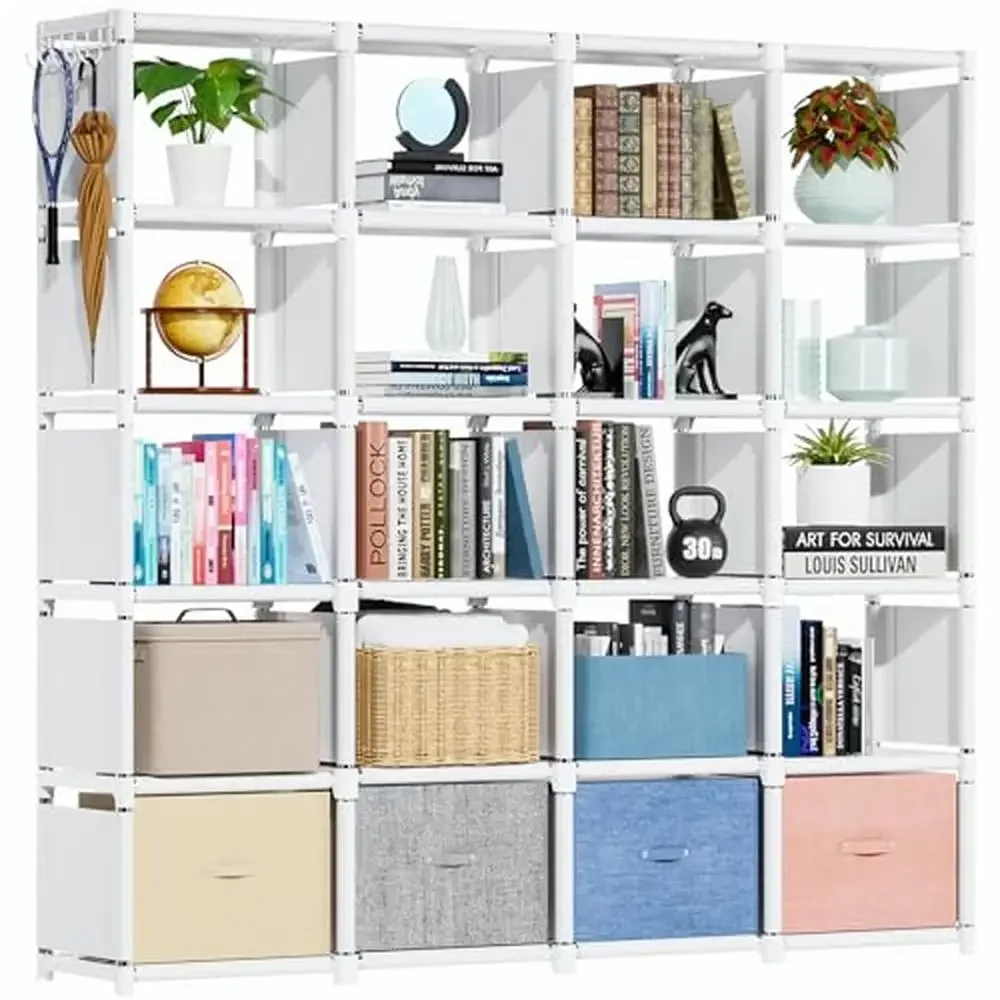 

20-Cube Metal Bookcase DIY Organizer ABS Closet Storage Shelf Rack Black White Metal Plastic Non-woven Cubby Shelf Rectangular