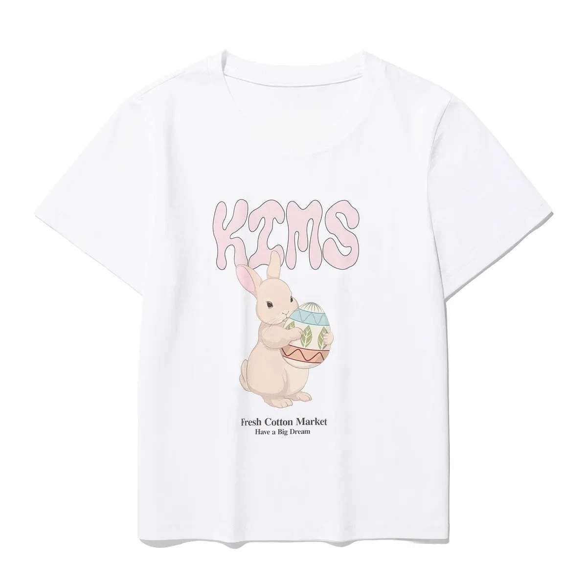 한국어 다이렉트 메일 Kims Retro Easter Egg Rabbit Letter Print 크루 넥 반팔 티셔츠 Ins 한국 커플 의류 루즈