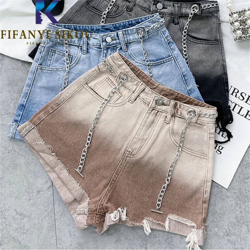 

Gradient Color Denim Shorts Women Pocket Chain Decorate Fashion High Waist Wide Leg Shorts Summer Loose Jeans Shorts Female
