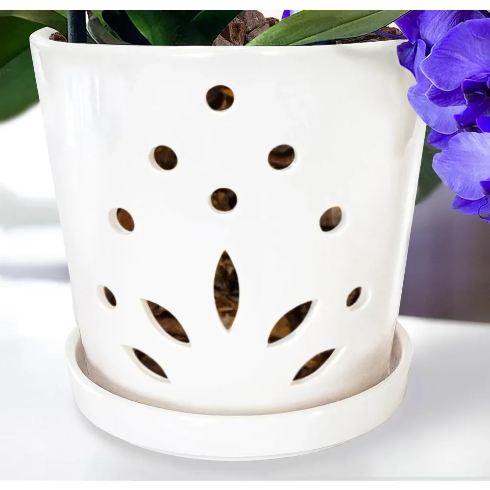 

Pot with Holes–6.5" Porcelain Indoor Orchid Planter–Large Orchid Pots for Repotting–Ceramic Orchid Planter–Drainage Holes