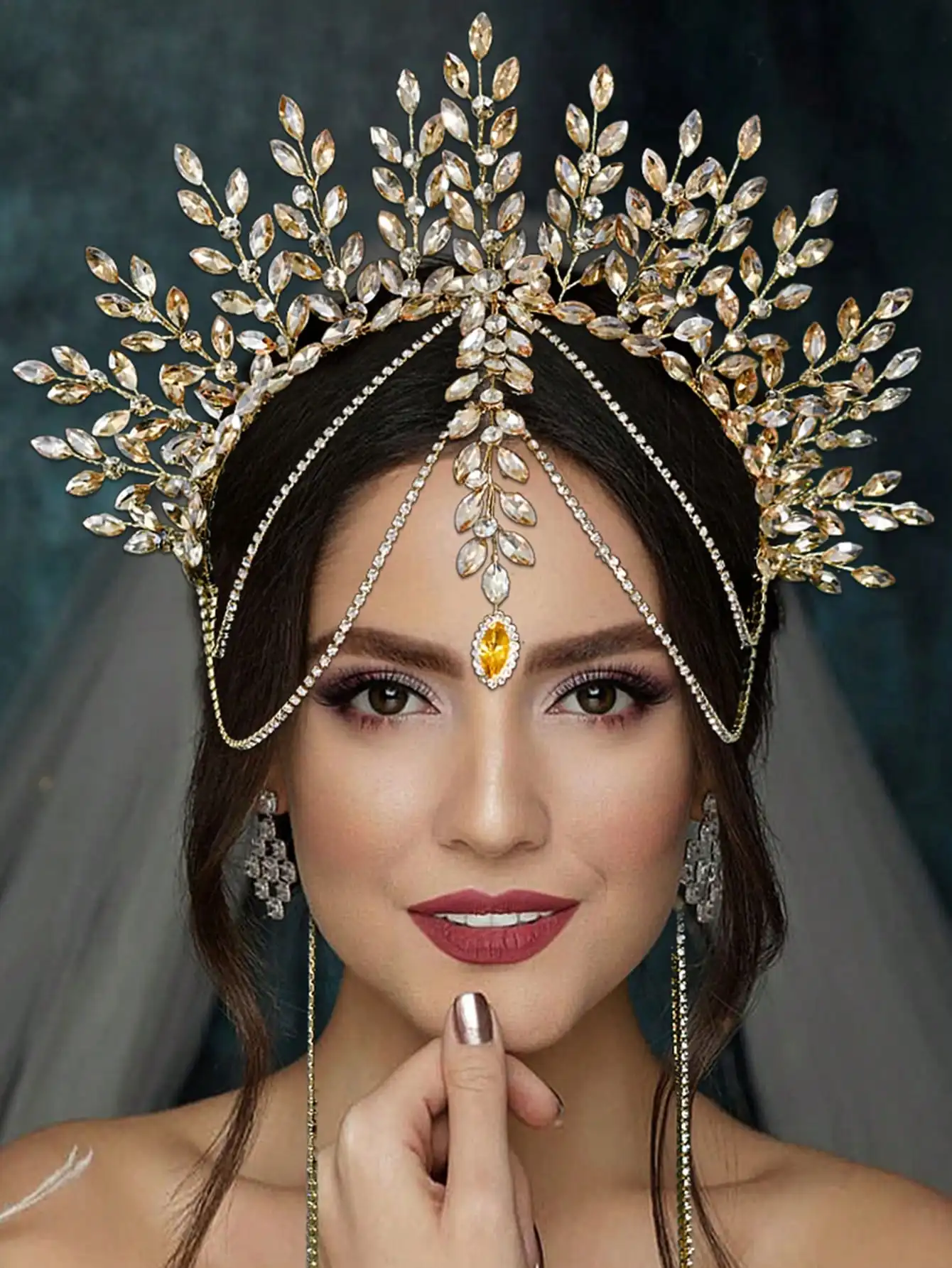 

1pc Luxurious Bridal Crown Headband, Rhinestone Decor, Tassel Chain Hair Accessory, Fashion Wedding Party Festival Costume