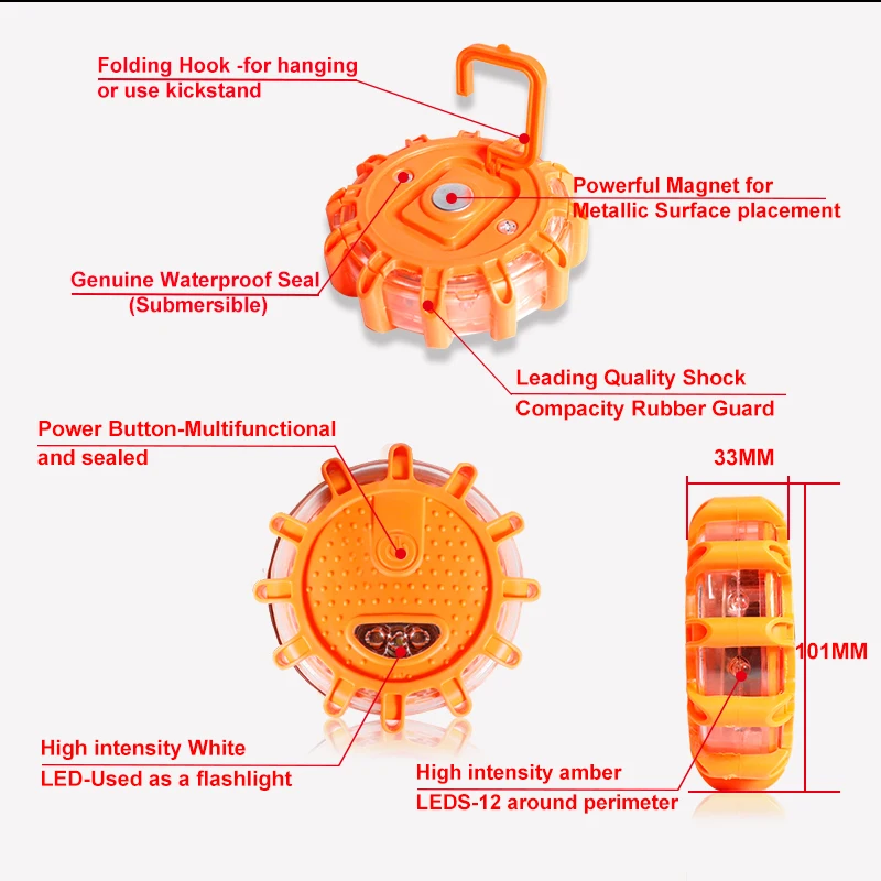 Gtinthebox 1PC Amber & White LED Road Emergency Lights, Magnetic Light Car Round Beacon Emergency Hazard Strobe Warning SOS Lamp