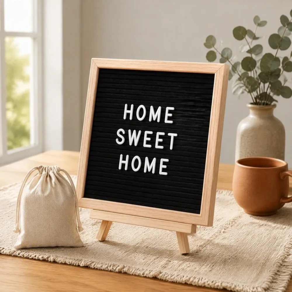10 x 10 Inch Felt Letter Board Black Background Natural Wood Frame Wooden Letter Board Tripod Stand Message Board Wedding Party
