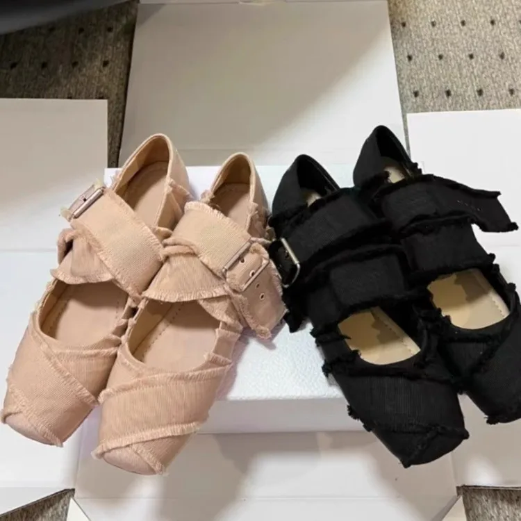 2024 new ballet shoes with fringe cross strap French retro square head flat flat Mary Jane single shoes