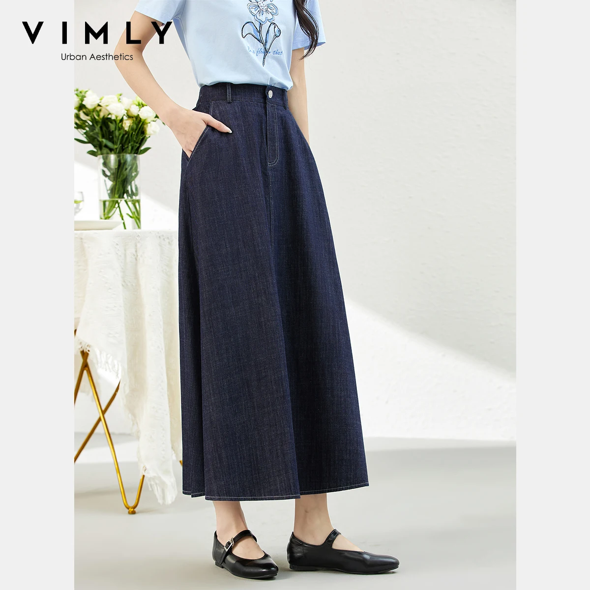 

VIMLY синие джинсовые юбки женские повседневные 2023 осенние трапециевидные свободные женские юбки хлопковые офисные женские длинные юбки женская одежда A2213