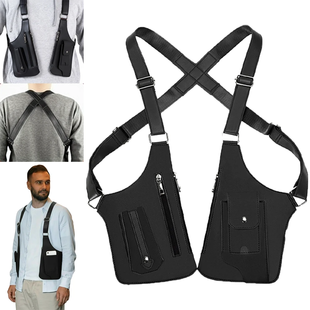 PU Leather Double Shoulder Armpit Bag Multi-Pocket Hidden Anti-Theft Phone Pocket Underarm Adjustable Strap Vest Bag Men Women