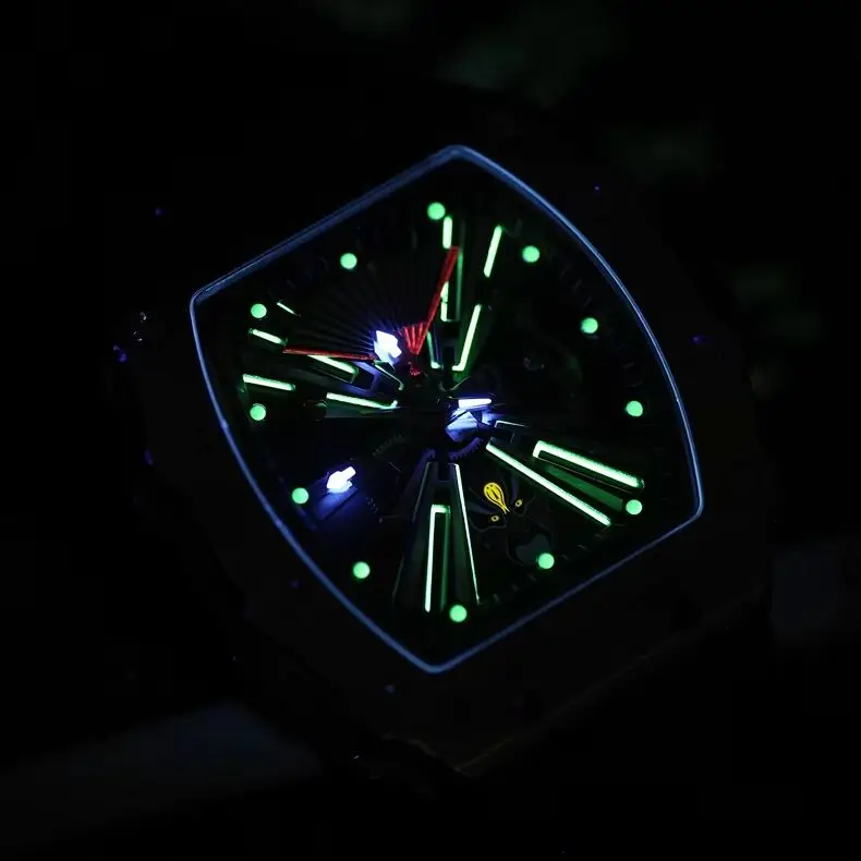 HANBORO Men Automatic Watch 50.5mm Mechanical Wristwatch Waterproof Luminous Tonneau Case Changing 6 Facial Makeup Each 4 Hours