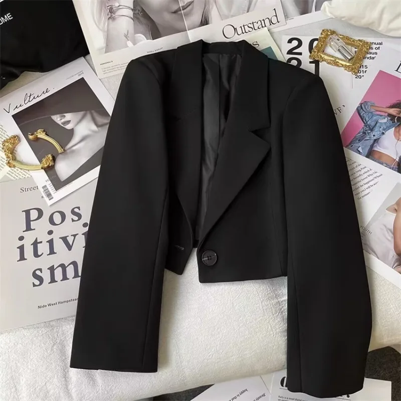 Black Cropped Blazer Coat Woman Trend Solid Color Crop Jacket Women Korean Chic Single Button Suit Coat Y2k Vintage Outerwear