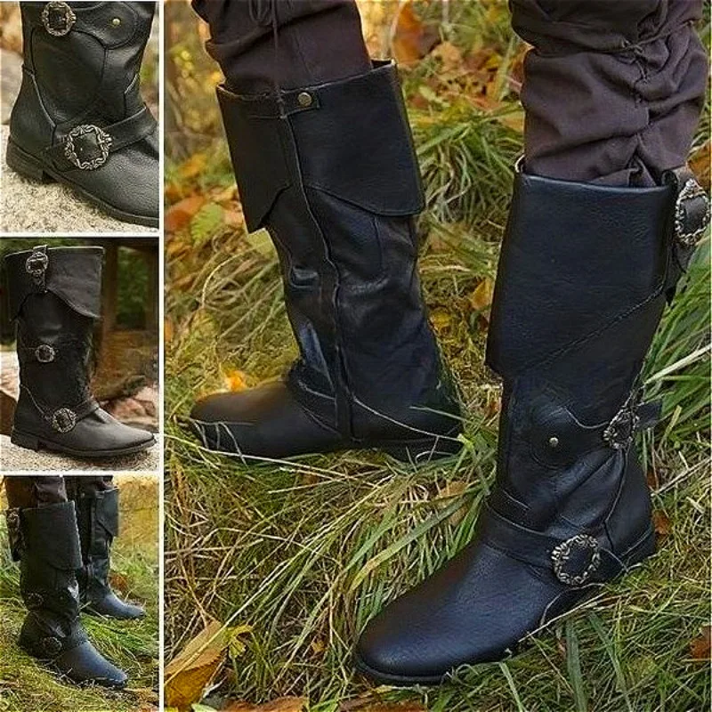 Men Faux Leather Medieval Boots Renaissance Gothic Viking Pirate Mid Calf Boots Halloween Cosplay Shoes