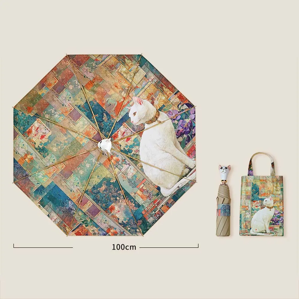 Cute Cat Head Handle Folding Umbrella Oil Painting UV Protection Color Glue Sun Rain Umbrella with Bag Women Portable Parasol