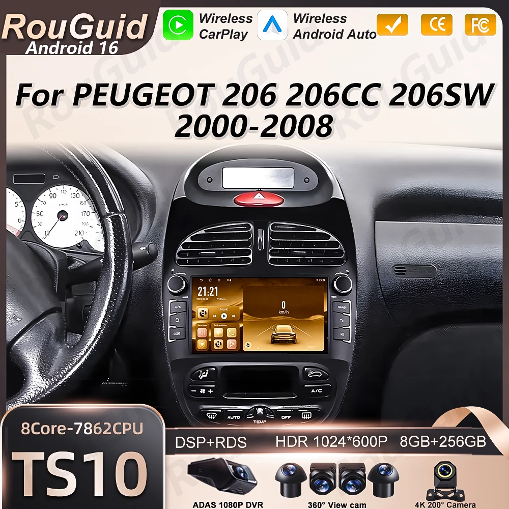 Radio para Auto con Android Auto para Peugeot 206 206CC 206SW 2000-2005 2006 2007 2008, Carplay, Multimedia, Pantalla Estéreo para Auto, GPS, Navegación