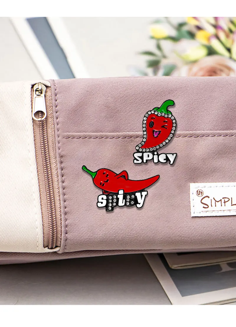 4Styles Cute Spicy Red Chili Men Crystal Pins Cartoon  Hot Pepper Shaped Design Enamel Brooches