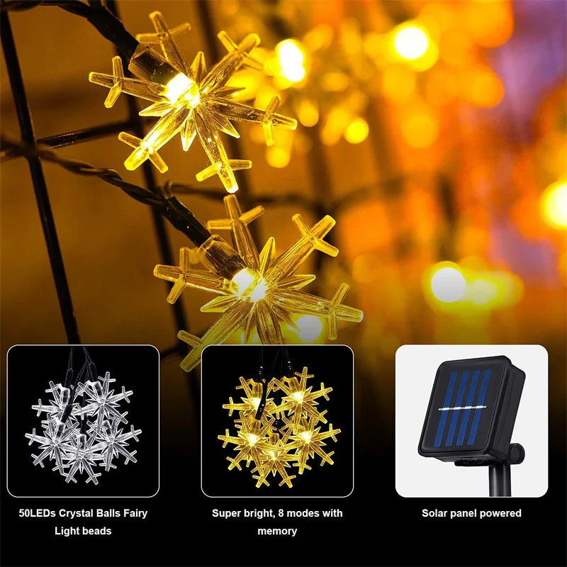 Outdoor Solar Powered LED String Lights, Luzes de neve do Natal, Luz impermeável do pátio, Decoração de festa de jardim, 024, 2023, 2023