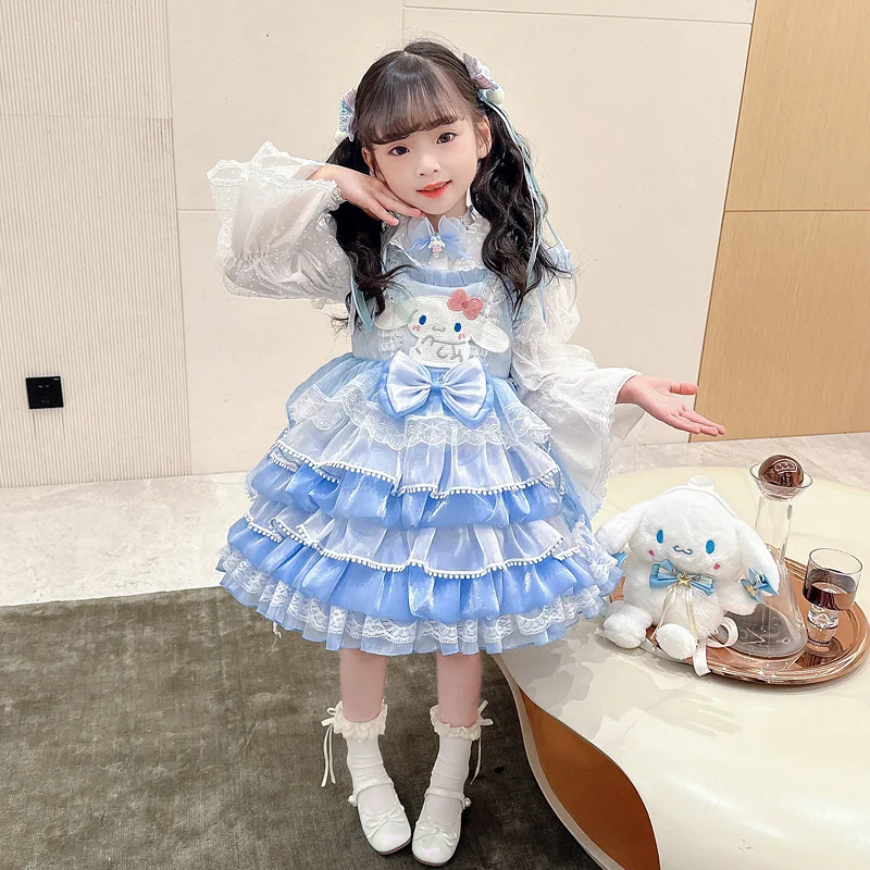 Spring Summer Cinnamoroll Cartoon Lolita Dress Girl Sweet Cute Bow Lace Tiered Skirt Party Dress Festival Gift Birthday Gift - view 3