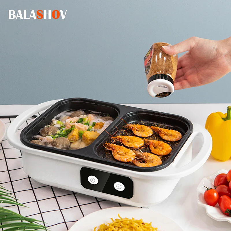 2 in 1 Non-Stick Electric Cooking Pot with Grill & Shabu Shabu Pot, Multi-function Cooker for BBQ, Steaks, Ramen and Noodles