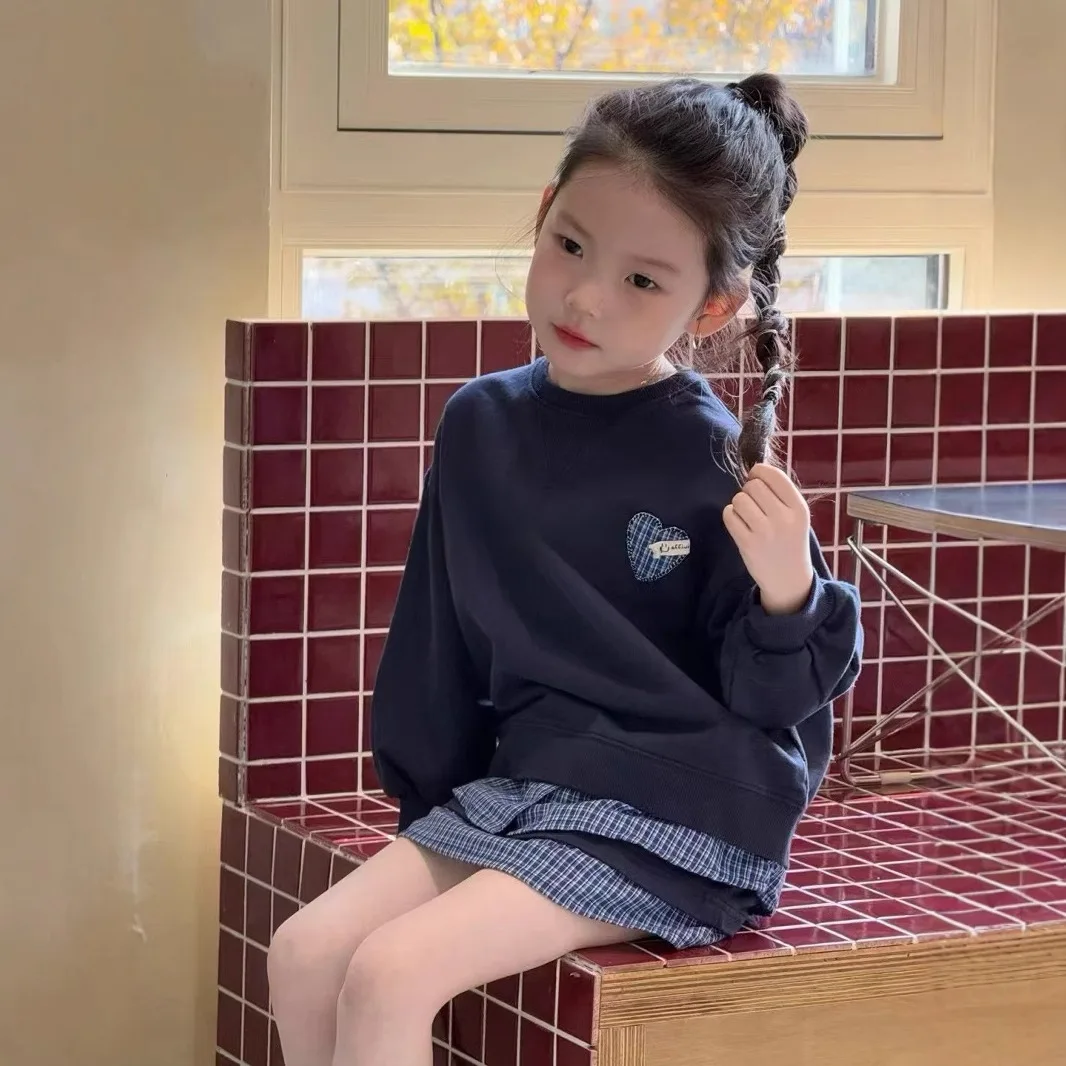 

Sweater Korean 2025 Spring and Summer New Fake Two Piece Plaid Sweater Pullover All-match Skirt Set Girls Clothes