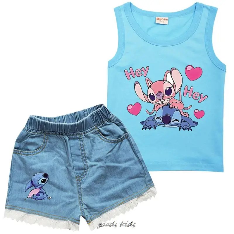 Summer Children\'s Clothes Sets Lilo And Stitch Boys And Girls T-shirt and Jeans Pants 2 pieces Baby Clothing Sets